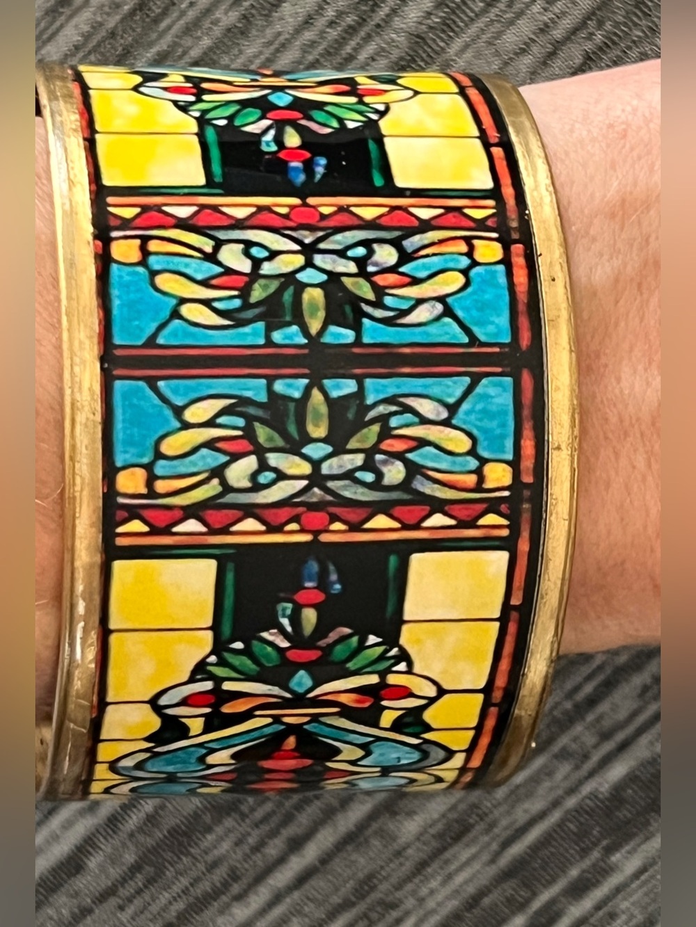 Vintage Prisma Art Nouveau Stained Glass Style Enamel Brass Cuff Bracelet